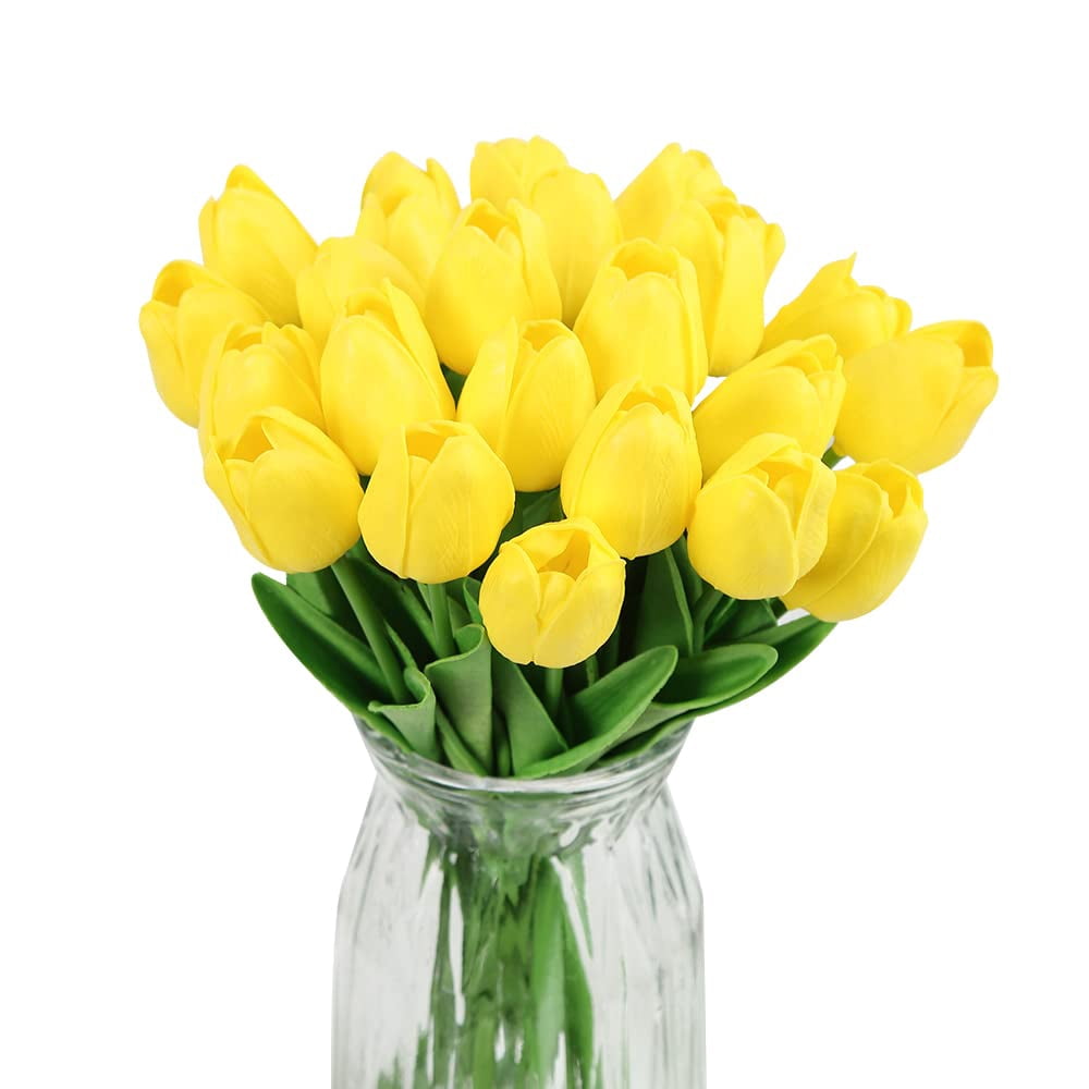 24 Pcs FakeTulips,Tulips,Artificial Flowers,Faux Tulip Stems,Real Touch Tulips for Wedding Party/Easter/Home Decoration/Gift(Yellow)