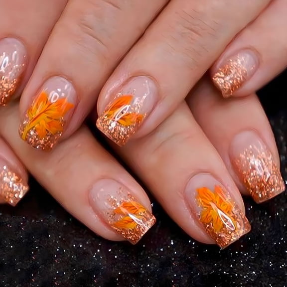 24 Pcs Fall Press on Nails Short Square Fake Nails Glossy Artificial Thanksgiving Nails Maple Leaf Pumpkins False Nails Autumn Leaf Stick on Nails for Women DIY