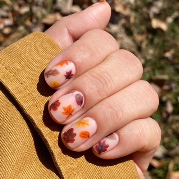 24 Pcs Fall Press on Nails Short Square Fake Nails Glossy Artificial Thanksgiving Nails Maple Leaf Pumpkins False Nails Autumn Leaf Stick on Nails for Women DIY