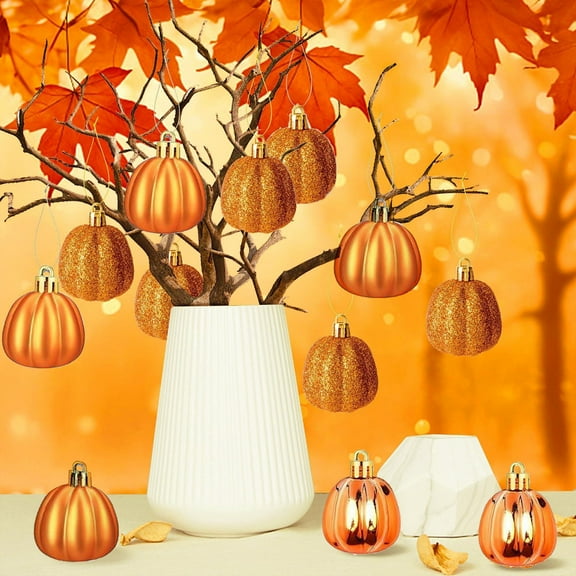 24 Pcs Fall Pumpkin Hanging Ornament, Cebalnir Thanksgiving Tree Decorations Mini Pumpkin Ball Decorations Farmhouse Fall Ornaments for Small Tree for Autumn Thanksgiving Halloween Christmas