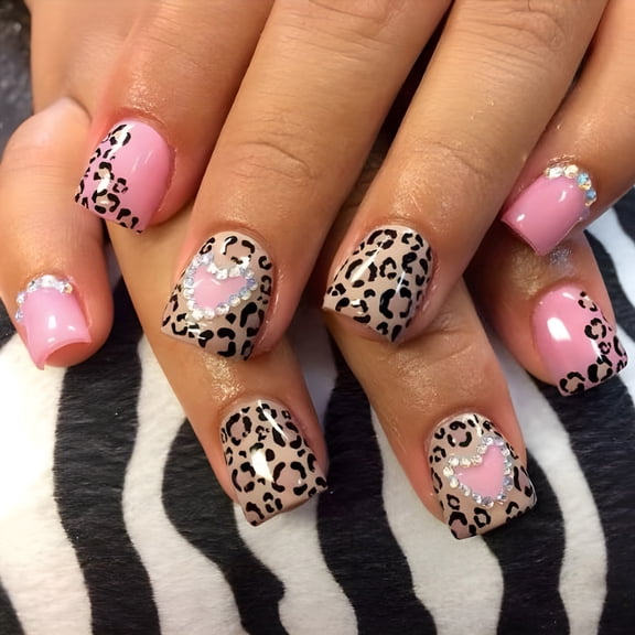 24 Pcs False Nail with Rhinestones Valentines Day Press On Nail Leopard Heart Acrylic Nail Full Cover Stick On Nail