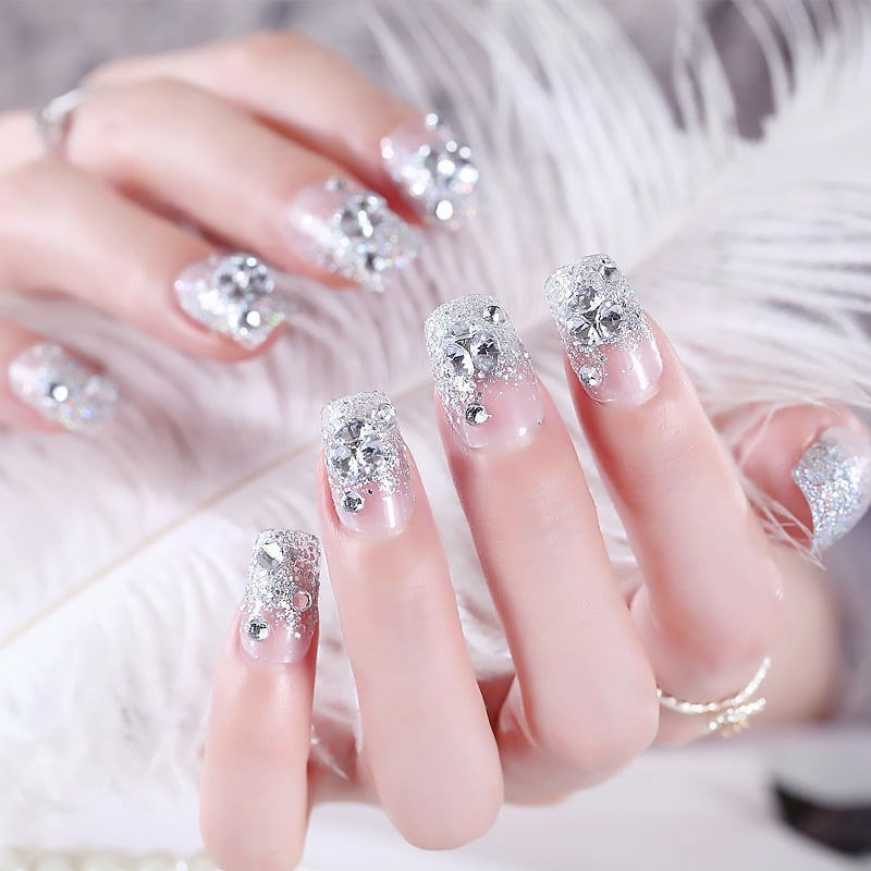 Glitter Large Crystal False Nails 24pcs 3D Rhinestone Pearl Decor