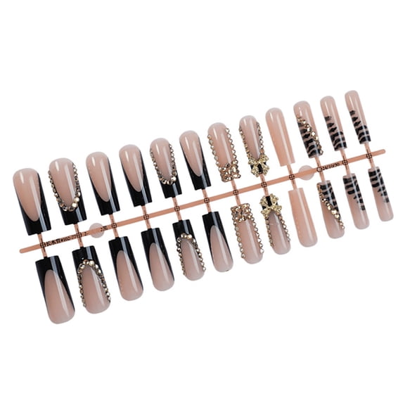 24 Pcs Fashion False Nails with Rhinestones Artificial Nails Black French Tip On Nails Long Coffin