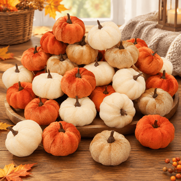 24 Pcs Faux Velvet Pumpkins Small Artificial Fall Harvest Pumpkin