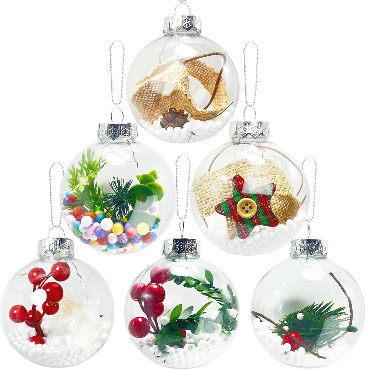 24 Pcs Fillable Christmas Tree Ornament Balls,Acrylic Decorations Balls for Hanging,2.36 in Plastic Transparent DIY Ornament Balls with Rope and Removable Metal Cap for New Years,Wedding Holiday
