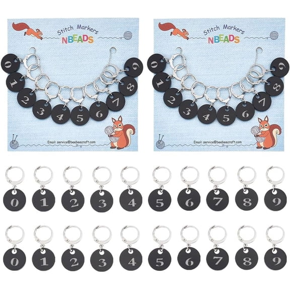 24 Pcs Flat Round Number Stitch Markers, Black Acrylic Crochet Stitch Marker Charms 304 Stainless Steel Clasp Locking Stitch Marker for Knitting Weaving Sewing Jewelry Making