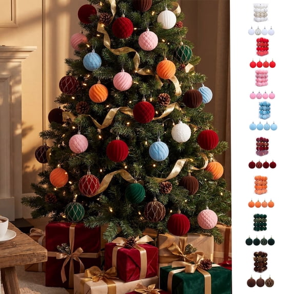24 Pcs Flocked Christmas Ornament Balls,Multistyle Xmas Tree Hanging Decor Set,Lightweight Festive Baubles for Holiday,Wedding And Commercial Venue Decoration