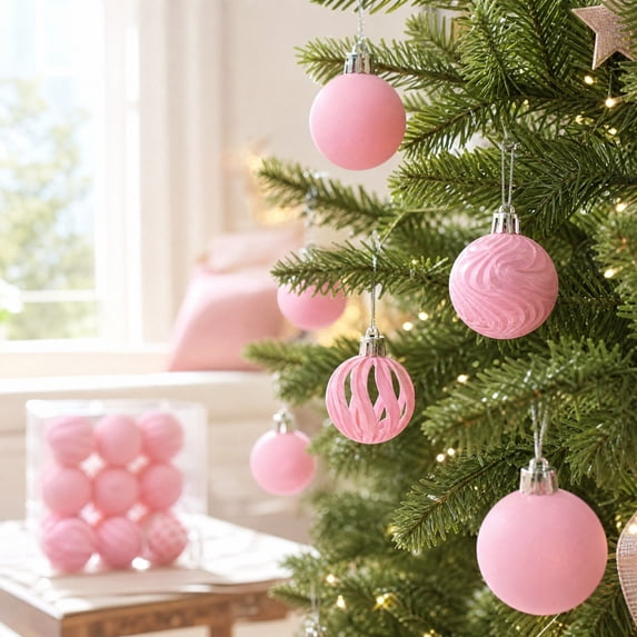 24 Pcs Flocked Christmas Ornaments Balls Velvet Shatterproof Embossed for Christmas Tree Decorations