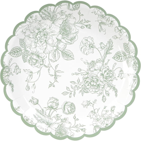 24 Pcs Floral Party Plates Floral Leaf Scalloped Disposable Paper Plates Sage Green and White Toile 9" Dinner Plates for Christmas Bridal Baby Shower Tea Party Supplies Table Decor