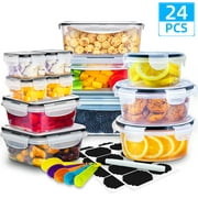 24 Pcs Food Storage Containers Set with Lids - BPA-Free Airtight Plastic Containers for Pantry & Kitchen Organization, Meal Prep, Lunch Containers with Free Labels & Marker (12 Lids + 12 Containers)