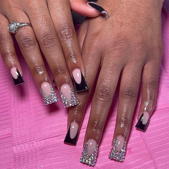 24 Pcs French Tip Press on Nails Long Duck Fake Nails Cute Duck Nails Tips Full Cover False Nails with Charms Rhinestone Designs Glossy Acrylic Glue on Nails Natural Reusable Stick on Nails for Women