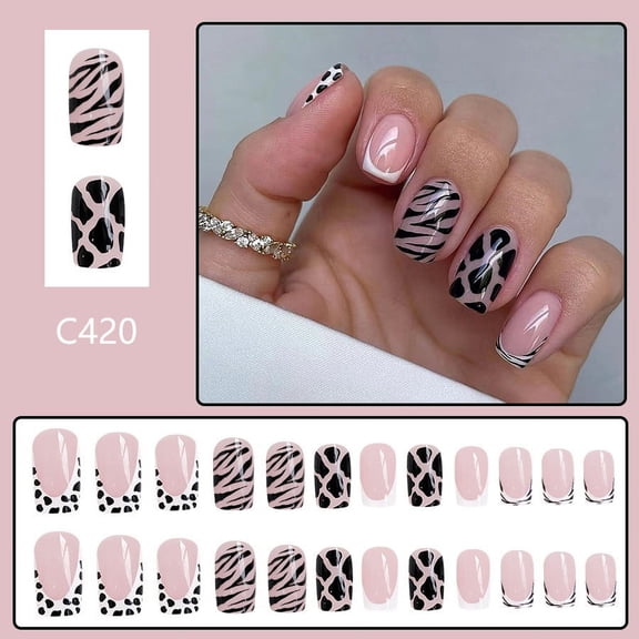24 Pcs French Tip Press on Nails Short Square Shaped Fake Nails with Cow Print and Rhinestones Design Pink Glossy Leopard Acrylic Nails Full Cover Stick on Nails for Women Nails Manicure Decoration