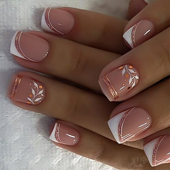 24 Pcs French Tip Press On Nail Short Square False Nail Leaf Acrylic Nail Simple Full Cover Stick On Nail for Woman