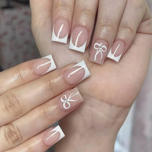 24 Pcs French Tip Press On Nails Short Square False Nails Sweet Bows Acrylic Nails Glossy Full Covers Stick on Nails