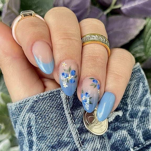 24 Pcs French Tip Stick On Nail Blue Gradient False Nail Solid Color Press On Nail Flowers Artificial Nail