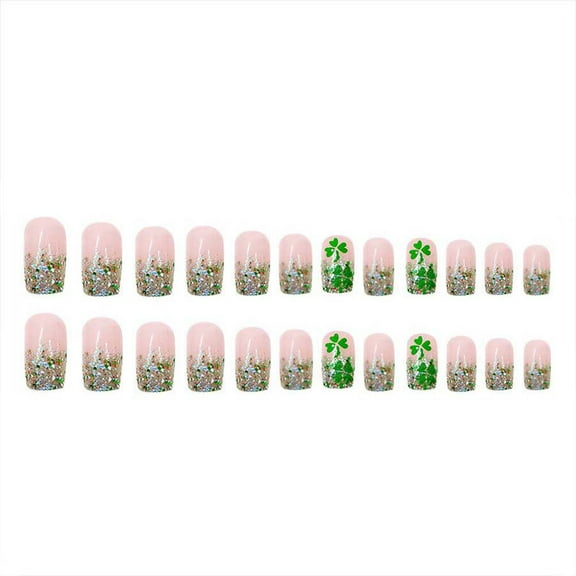 24 Pcs French Tips Glitter Sequins Press on Nails Short Square Shaped St. Patrick's Day Fake Nails Lucky Clover Shamrocks Design False Nails Saint Patrick's Acrylic Nails for Women Manicure