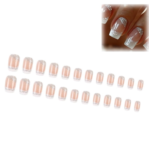 24 Pcs French Tips Press on Nails,Silver Glitter French Press on Nails,Short Square Nail Tips with Sparkly Sequins Stick,Artificial Medium Length False Nail for Home NailSalon and DIYNail Art