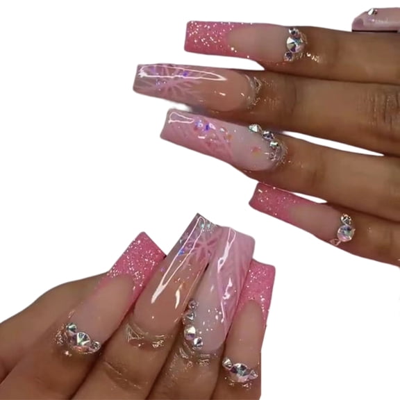 24 Pcs Full Cover Long Press on Nails French Tip Fake Nails Unique Rhinestones Designs Acrylic Nails for Women Girls