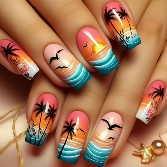 24 Pcs Full Covers on Nails Coconut Tree Seagulls Artificial Nails Mediums Square False Nails
