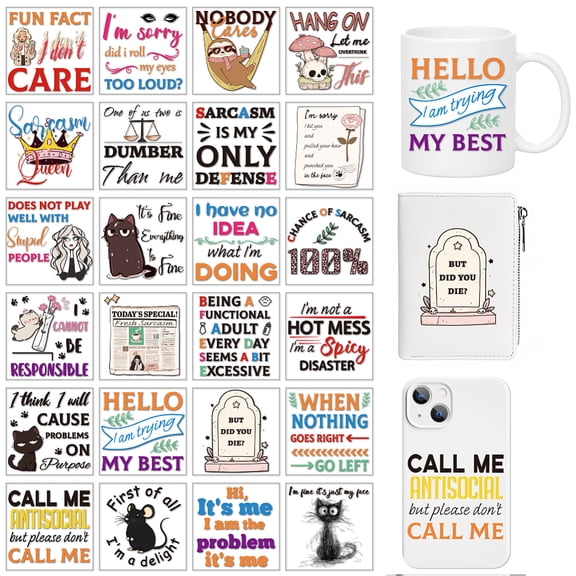 24 Pcs Funny Phrases UV DTF Cup Wrap 24 Sheets Sarcasm Cat Sloths Woman Patterns Rub on Decals Waterproof PVC Transfer Stickers