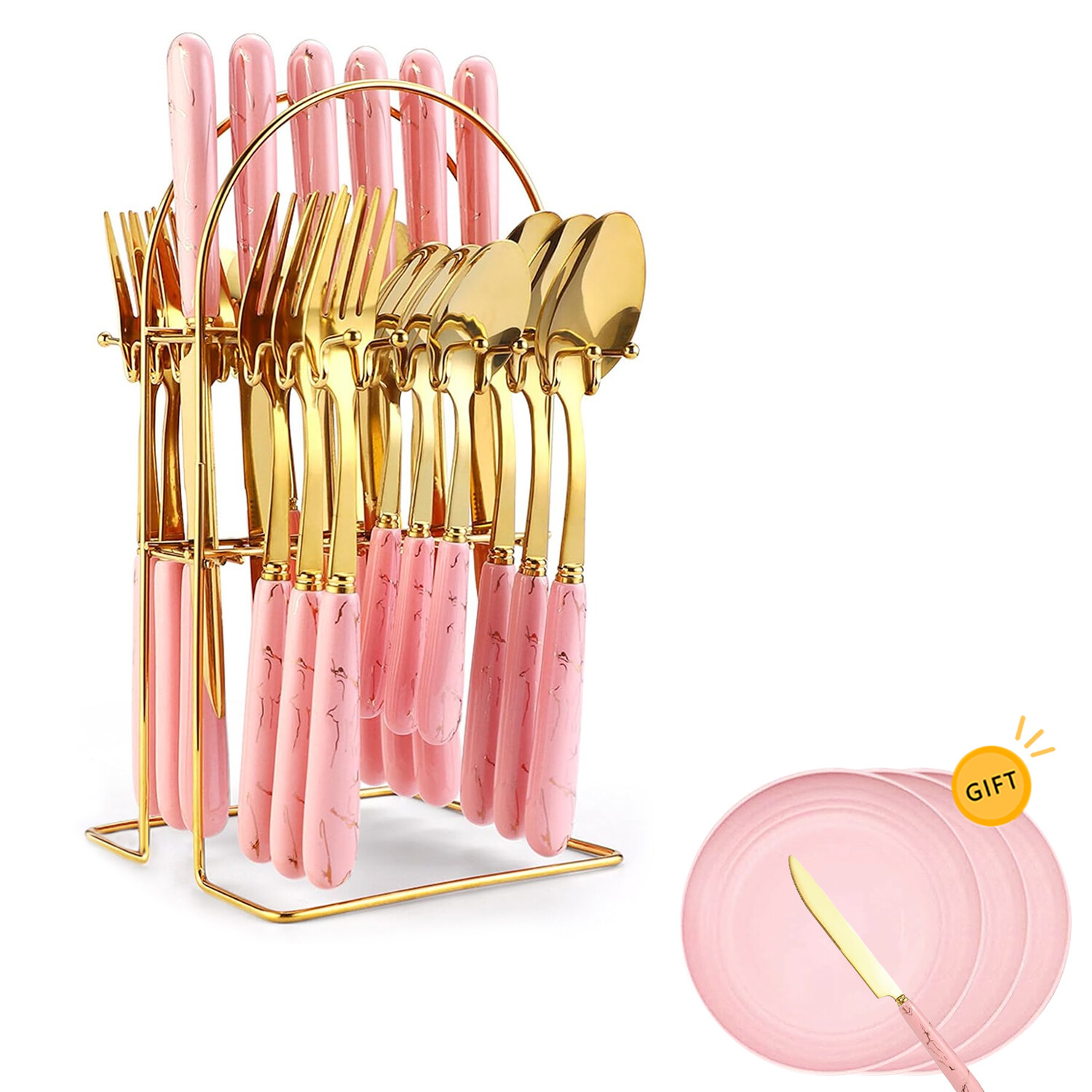 24 Pcs Gilded Silverware Set Rack Service for 6, 9 Inch Wheat Straw ...