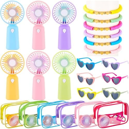 24 Pcs Girl Trip Gifts Favors Clear Travel Makeup Bags Preppy Bracelets Mini Portable Fans Heart Sunglasses Summer Weekender Bags for Women Girl Friendship Bachelorette Party Birthday