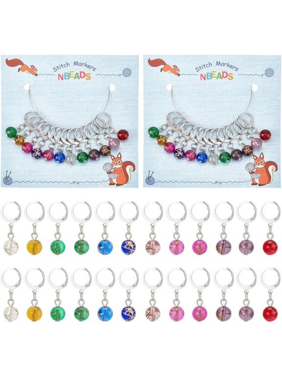 24 Pcs Glass Bead Stitch Markers Clip-on Crochet Stitch Marker Charms Locking Stitch Marker with 304 Stainless Steel Clasp for Crochet Accessories Quilting Jewelry Making Mixed Color