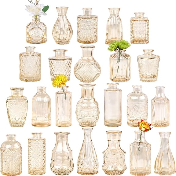 24 Pcs Glass Bud Vase, Small Amber Flower Vases for Centerpieces in Bulk, Mini Vintage Vase for Wedding Decor, and Home Table Décor