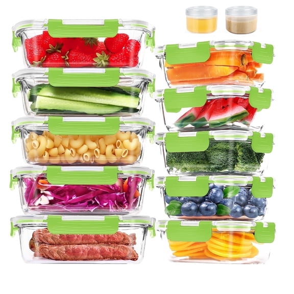 30 Pcs Glass Food Storage Containers with Lids, Glass Airtight Meal Prep Container Set for Lunch, Kitchen Pantry Organizers and Storage, Leak Proof, Green