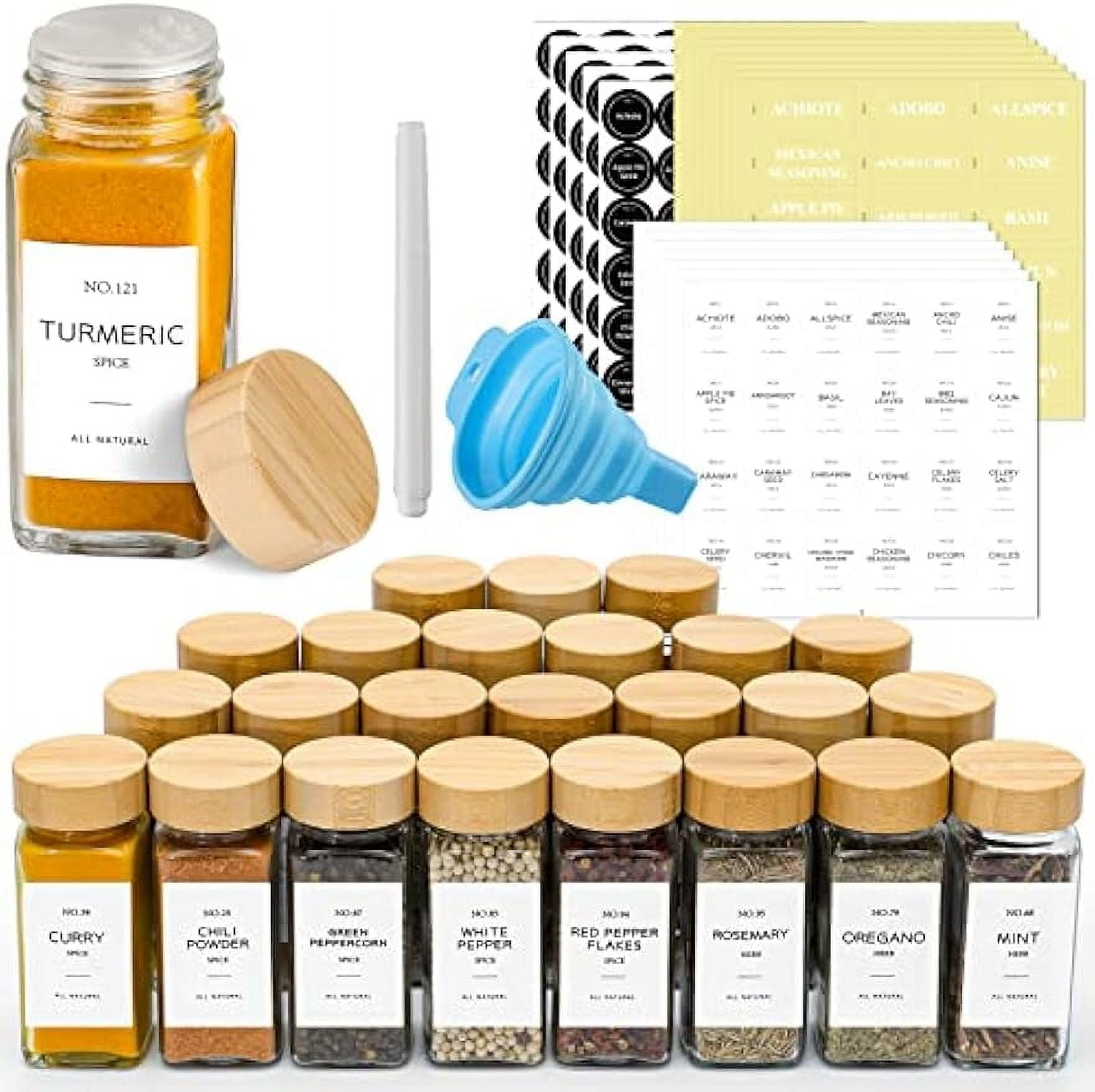 SpaceAid 24 Glass Spice Jars With Bamboo Lids & Labels - 4oz Empty Bottles, Funnel, Farmhouse Style