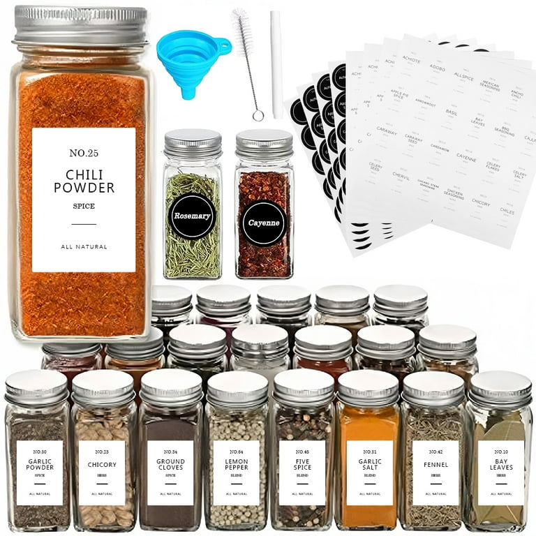 Talented Kitchen 24 Pack Glass Spice Jars with 284 Preprinted Label  Stickers in 2 Styles, 4 oz Empty Square Seasoning Jars with Shaker Lids &  Gold