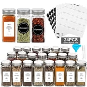 24 Pcs Glass Spice Jars/Bottles - 4oz Empty Square Spice Containers with 8 Spice Labels - Shaker Lids and Airtight Metal Caps Kosbon
