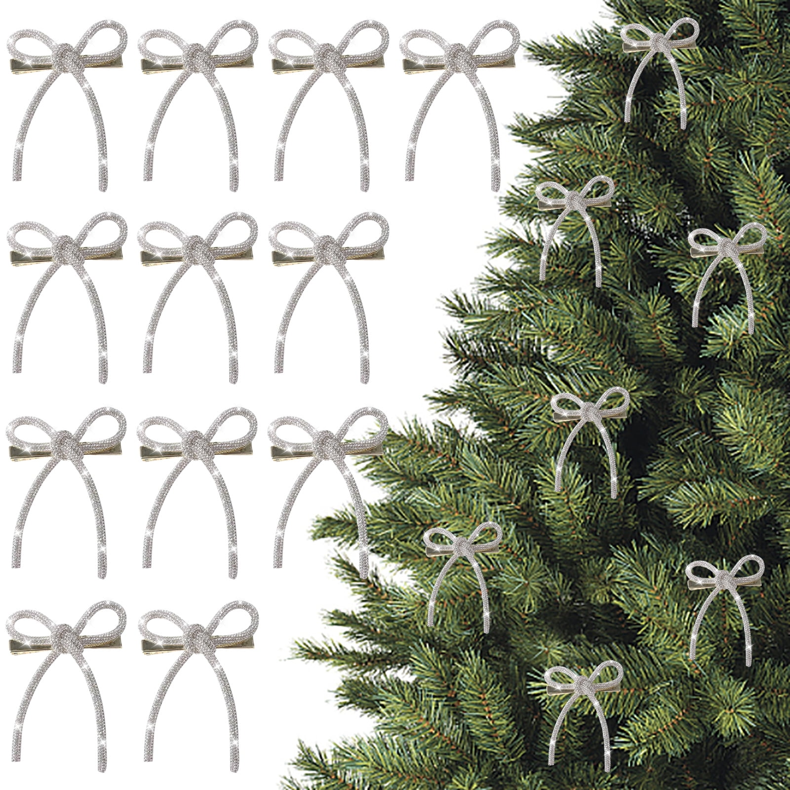 24 Pcs Glitter Christmas Bows Ornaments with Clip Metal Shiny Christmas Tree Decorations Bows for Wreath Garland Xmas Party Decorations Wedding Baby Shower Home Indoor Outdoor