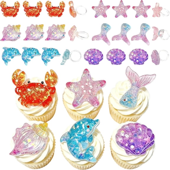 24 Pcs Glitter Ocean Themed Cupcake Topper Rings, Mermaid & Sea Creature Designs, Sparkly Cake Decorations & Party Favors for Beach Birthday, Under the Sea & Pool Parties