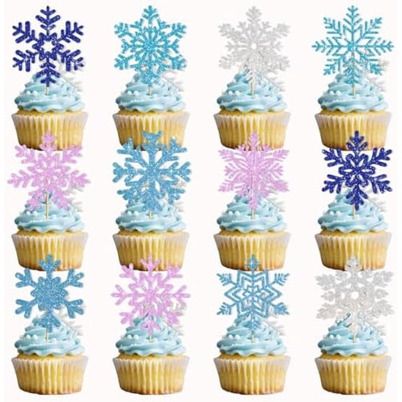 24 Pcs Glitter Snowflake Cupcake Toppers Snowflake Cake Decorations Winter Wonderland Decorations