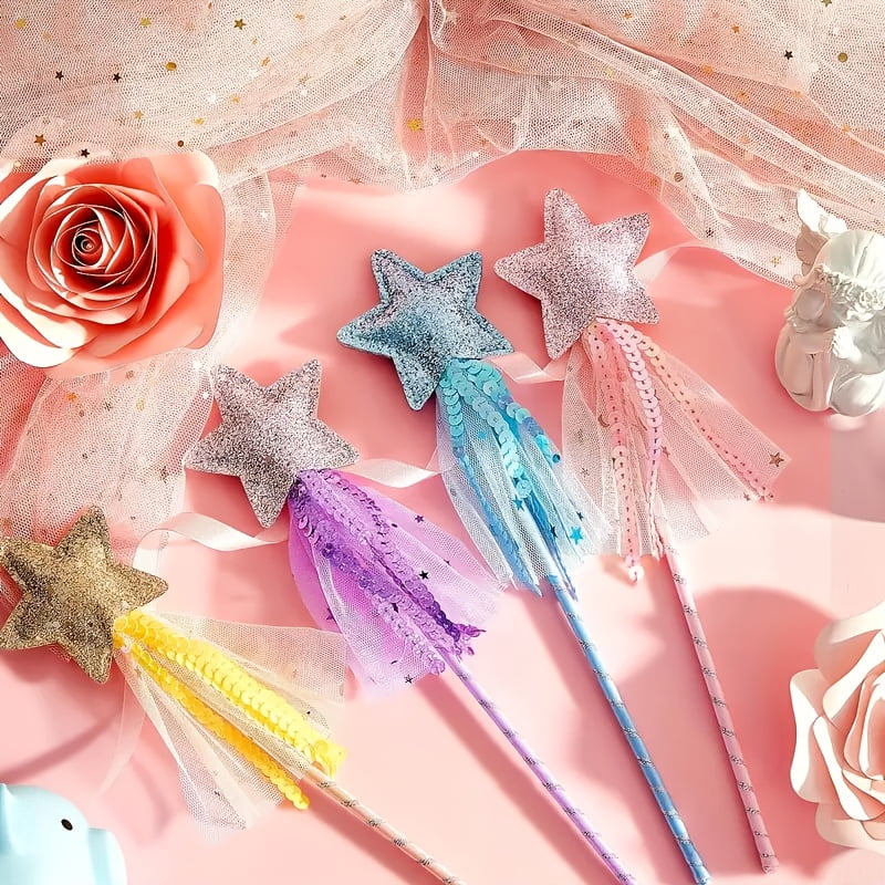 24 Pcs Glitter Star Magic Wand Princess Wand Fairy Angel Star Stick with Ribbon for Girl Kid Birthday Wedding Princess Dress up Role Play Party Supply Favor, Pink Purple Gold Blue