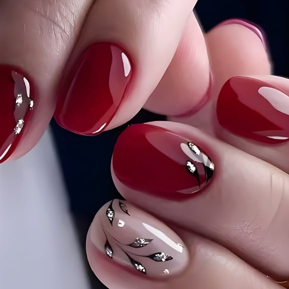 24 Pcs Glittering Artificial Nail Short Oval Press On Nail Leaf False Nail