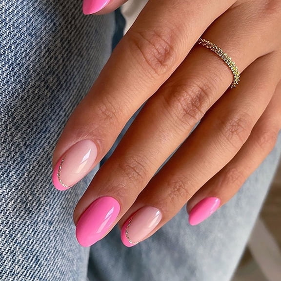 24 Pcs Glittering Short Round False Nails Simple On Nails French Tip Artificial Nails