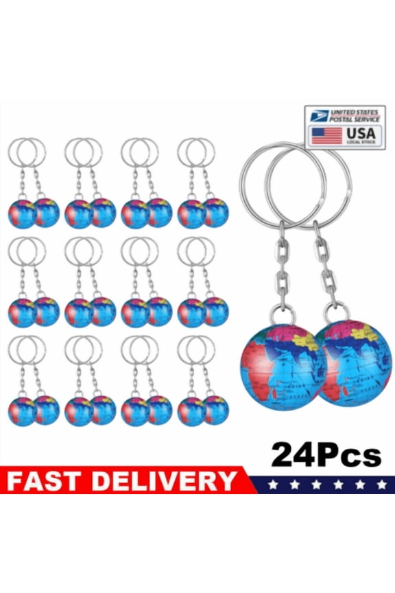 24 Pcs Globe Keychains Bulk for Kids World Planet Earth Theme Keyrings Toy