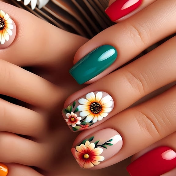 24 Pcs Glossy Full Cover False Nail Medium Square Press On Nail Sunflower Stick on Nail Simple Acrylic Nail