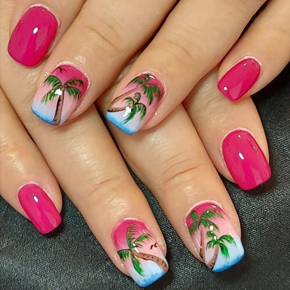 24 Pcs Glossy Full Covers False Nails Short Square Coconut Tree on Nails Summers Acrylic Nails