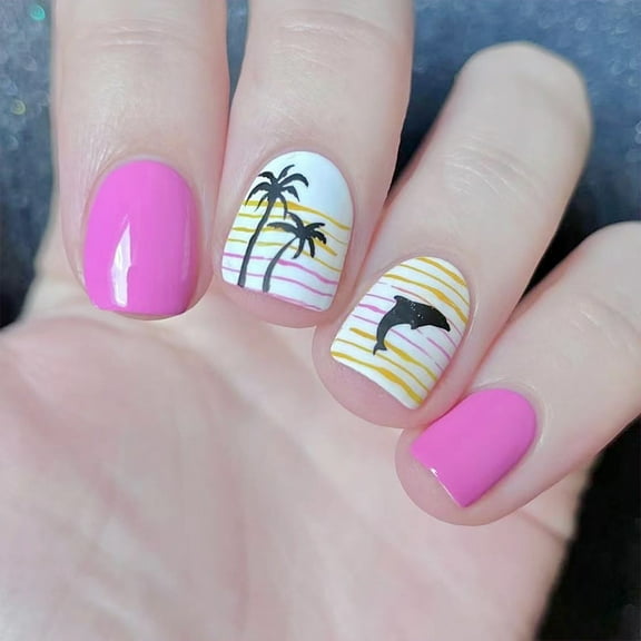 24 Pcs Glossy Full Covers on Nails Coconut Tree Dolphin Artificial Nails Short Square False Nails