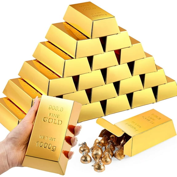 24 Pcs Gold Bar Fake Gift Box Foil Gold Bar Party Favor Boxes Paper Golden Favor Boxes Treasure Brick for Pirate Casino Theme Party Decorations Candy Treats Chocolate Toys, 5.5 x 3.2 Inches