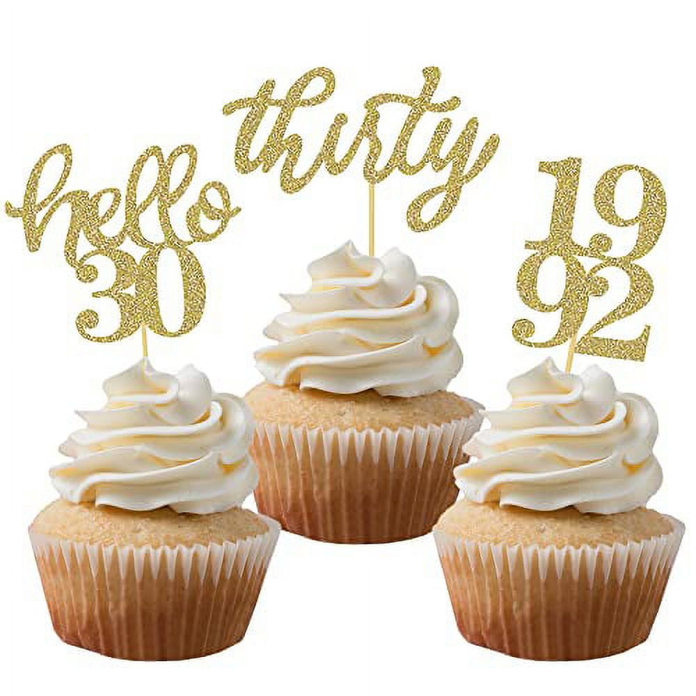 Hello Thirty Happy Birthday Cake Topper Gold Acrylic Number 30 Acrylic Cupcake  Topper for 30th Birthday Party Cake Decorations