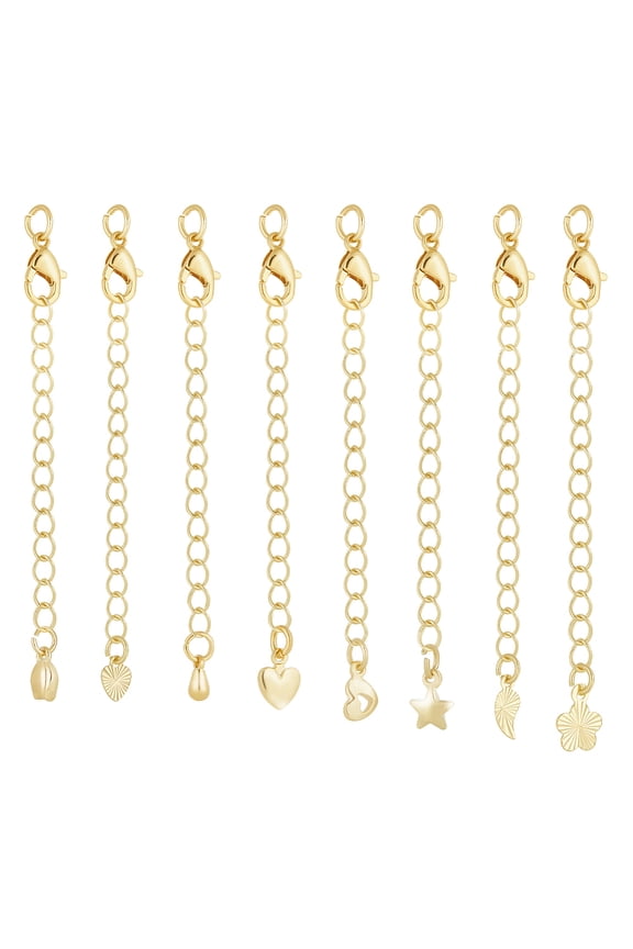 24 Pcs Gold Necklace Extenders 8 Style 14K Gold Plated Extender Chains Brass Chain Extender Jewelry End Extender Chains with Lobster Claw Clasps for
