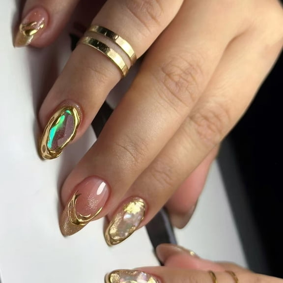 24 Pcs Gold Quicksands False Nail Simple Artificial Nail Glittering Full Cover Stick on Nail Almond Shape Press On Nail