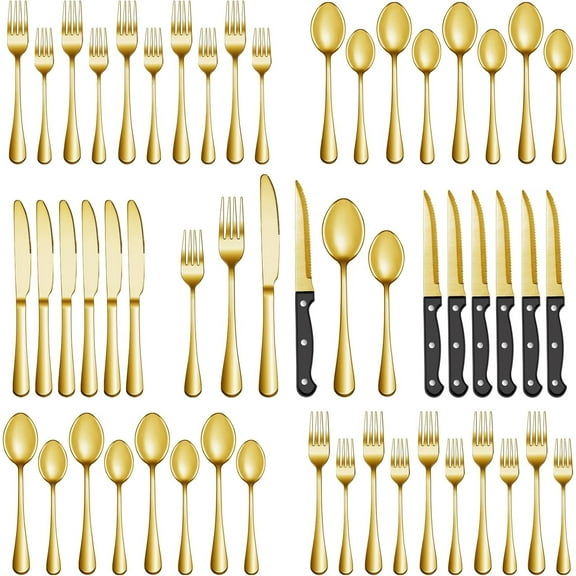 24 Pcs Gold Silverware Set with Steak Knives, Stainless Steel Flatware Cutlery Set Service for 4, Kitchen Tableware Set, Utensil Set for Home and Restaurant, Knives Forks Spoon Set, Dishwasher Safe