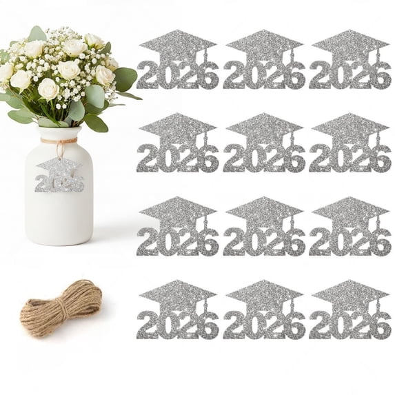 24 Pcs Graduation Centerpieces Paper Hanging with Rope – Class of 2026 Table Decorations for Grad Party, Celebration Events, and School Ceremony – Easy to Hang for Indoor and Outdoor Use, Silver