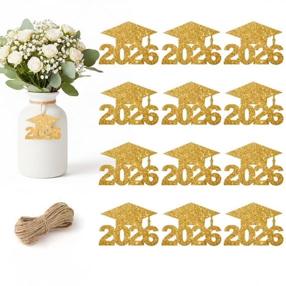24 Pcs Graduation Centerpieces Paper Hanging with Rope – Class of 2026 Table Decorations for Grad Party, Celebration Events, and School Ceremony – Easy to Hang for Indoor and Outdoor Use, Gold