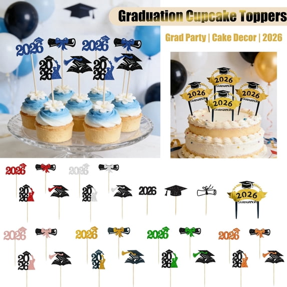 AKLJWH 24 Pcs Graduation Cupcake Toppers, Glitter Paper Flags, Grad Party Supplies, #07 Pink